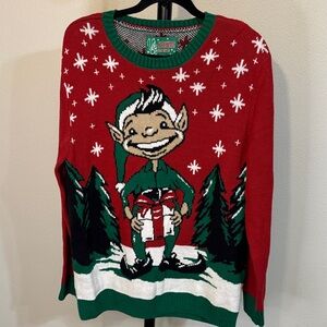 Ugly Christmas Sweater with Festive Elf - Red & Green - Size Large